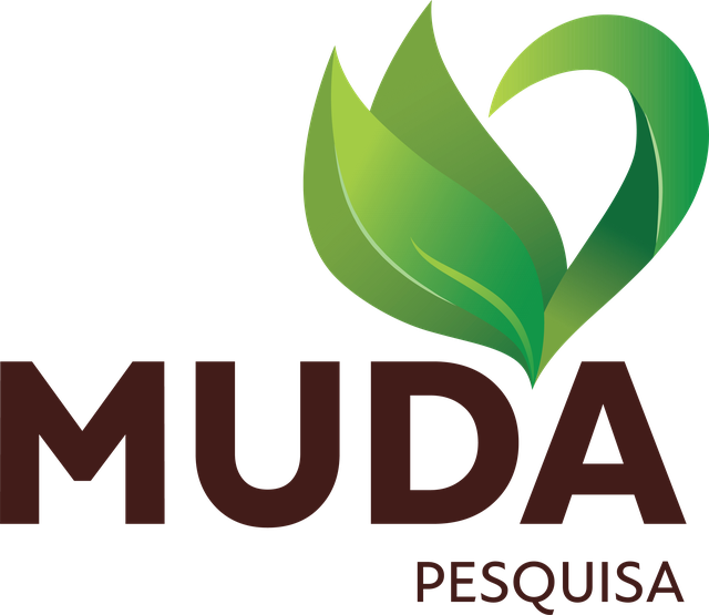 Logotipo da Muda Pesquisa: folhas verdes formando um coração sobre a palavra MUDA